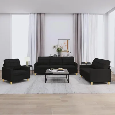 Produktbild von vidaXL 3-tlg. Sofagarnitur mit Kissen Schwarz Stoff