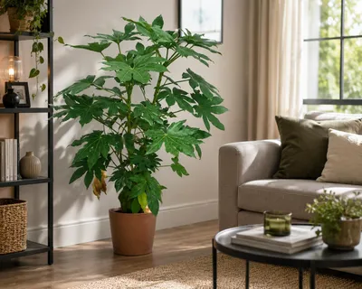 Productafbeelding van Zimmeraralie (Fatsia japonica), ongeveer 100 cm – Een altijdgroene kamerplant, ook wel Japanse aralie genoemd, een grote groene plant geschikt voor woonkamer en kantoor, AI-gegenereerde afbeelding