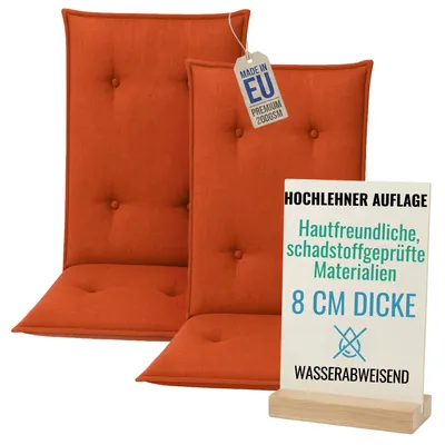 Produktbild von Pillows24 - 2x Hochlehner Auflagen 120x50x8 cm | Gesteppte Wetterfeste Gartenstuhlauflagen | Polster Sitzkissen für Gartenmöbel | EU | Orange