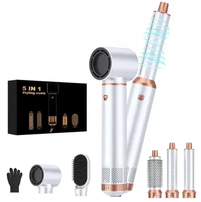Image de Styliseur capillaire multifonctionnel - Brosse soufflante 5-en-1 - Boucleur automatique - Lisseur - Sèche-cheveux - Accessoires interchangeables - Or blanc