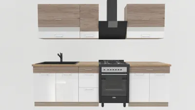 Produktbild von Küchenzeile 270 cm - ECONO B - Sonoma Eiche - Weiß Hochglanz - Mit Arbeitsplatte Lancelot Eiche - Einbauküche mit Soft-Close - Metallbox Schubladen