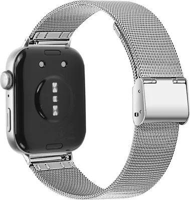 The back of a smartwatch with a silver Milanese loop strap attached.