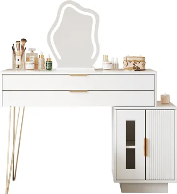 Image de Coiffeuse Abrihome avec miroir à éclairage LED, coiffeuse à tiroir coulissant et 2 tiroirs, blanche (sans tabouret)