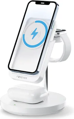 A white charging station with a phone, smartwatch, and earbuds case on it.