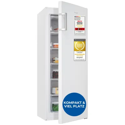 A white upright freezer with its door ajar, revealing multiple transparent drawers inside. The exterior has several award stickers and a blue circular graphic with text.