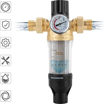 Image de Filtre à sédiments autonettoyant de 20 mm - Préfiltre pour l'eau - Filtration de 40 µm - Tuyau de vidange pour le rinçage - Manomètre - Adapté pour les maisons et les hôtels - Noir