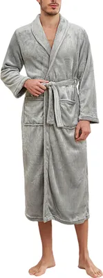 Produktbild von Herren-Winternachthemd, dicker Flanell, warm, enge Taille, mit Schnürgürtel, einfarbige Reverstaschen, gute Wasseraufnahme, mittellang, Homewear, Spa-Hotel-Bademantel