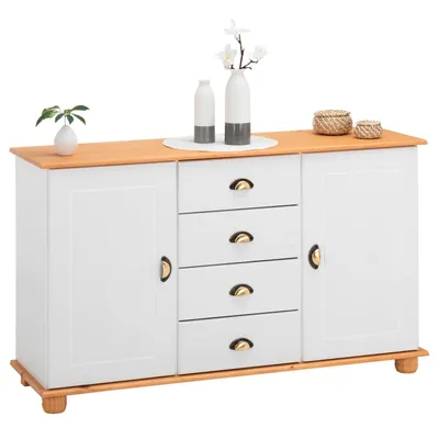 Produktbild von Sideboard COLMAR, Weiß/Braun - Flurkommode im Landhausstil mit 4 Schubkästen und 2 Türen, Kiefer Massivholz, Muschelgriffe aus Metall, für Schlafzimmer oder Wohnzimmer