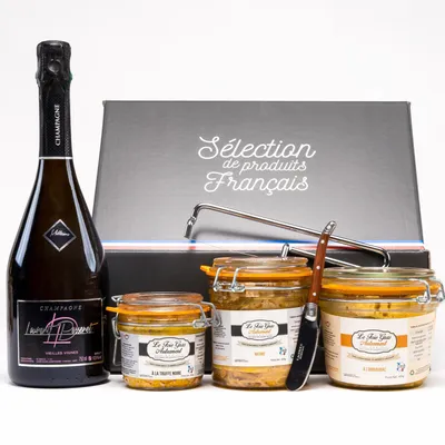 Produktbild von Iparla Geschenkbox – Foie Gras Nature, Armagnac & Schwarzer Trüffel + Champagner, Lyra & Messer | Premium Relais Gourmet