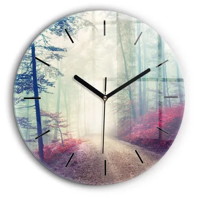 Produktbild von Wallfluent Große Wanduhr – Stilles Quarzuhrwerk - Uhr Dekoration Wohnzimmer Schlafzimmer Küche - Zifferblatt mit Striche - schwarze Zeiger - 60 cm - Herbststraße Waldnebel