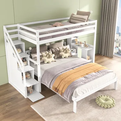 Produktbild von Hochbett mit Schreibtisch, Stauraum und LED-Beleuchtung, 140x200cm, Kinderbett mit Rausfallschutz und Leiter, Kiefer