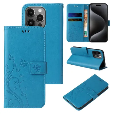 Produktbild von Handyhülle für Apple iPhone 15 Pro Max Floral Blumen Schmetterling Flip Cover Hülle Case Klapphülle Handytasche Farbe: Blau