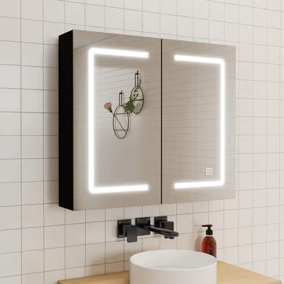 Produktbild von LED Spiegelschrank 80x70 cm mit Rasier-Steckdose Drei Lichtfarbe Dimmbar Touch/Wandschalter Beschlagfrei IP44 - Hochglanz Schwarz