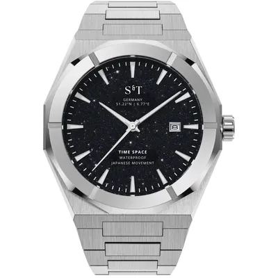 Image de Montre à quartz S&T DESIGN Montre homme Frosted Iced en acier inoxydable Date TIME SPACE (boîte en cuir incluse, raccourcisseur de bracelet), mouvement à quartz japonais 40mm cadeau