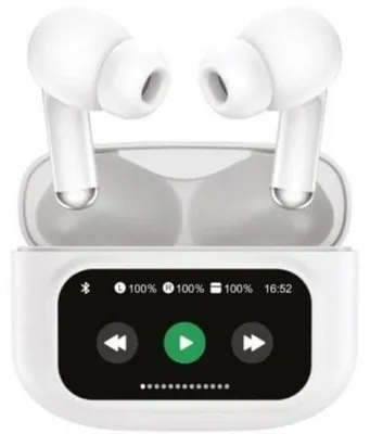 Produktbild von Kabellose Bluetooth-Kopfhörer Muvit M2404 mit Geräuschunterdrückung (ANC+ENC), Display und weißem Ladeetui