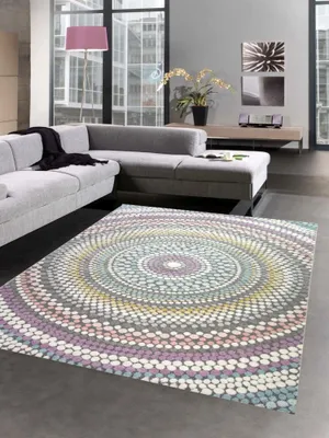 Image de Tapis moderne salon tapis arc-en-ciel à pois multicolore pastel taille - 80x150 cm