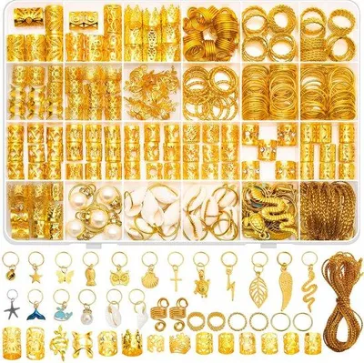 Imagen del producto de Joyería de oro para rastas, 285 piezas, adornos para el cabello, anillos de oro y presillas