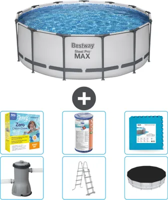 Produktbild von Bestway Round Steel Pro MAX Schwimmbad – 396 x 122 cm – Grau – inklusive Pumpe – Leiter – Abdeckung Wartungspaket - Filter - Bodenfliesen