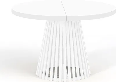 A white round table with a slatted base.