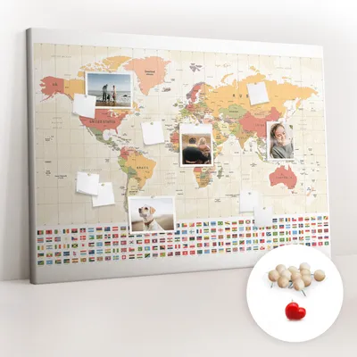 Obrázek produktu pro Korková nástěnka s kolíčky - Tabule s kolíky pro fotografie a poznámky - 140x100 cm - Připínáčky dřevěné 100 kusů - Design mapy světa