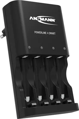 A black battery charger with four slots for batteries.