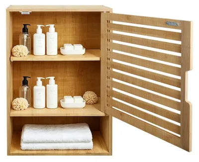 Immagine prodotto di Mobile da bagno a parete - Armadietto per medicinali in legno - 1 anta - Ripiani regolabili - Contenitore da posizionare sopra il WC - 20x40x60 cm - Legno naturale