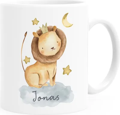 Produktbild von Kinder-Tasse Kunststoff Tier-Motive Nashorn Löwe Elefant personalisierte Namenstasse für Jungen und Mädchen SpecialMe® Löwe weiß Kunstoff-Tasse