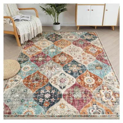 Produktbild von Boho Blumen Teppich - Rutschfester Waschbarer Ultraweicher Antiker Niedriger Flor für Wohnzimmer, Schlafzimmer, Kinderzimmer 120x160 cm