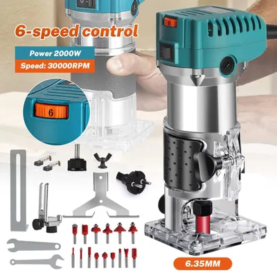 Produktbild von Holz Oberfräse/Kantenfräse - Handfräse - 2000 W - 30.000 U/min - 6,35 mm Spannzange - Staubabsaugung - Fräser-Set inklusive
