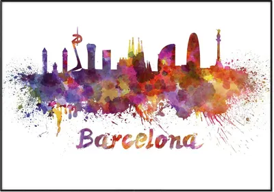Produktbild von Wallario Wandbild Städte als Aquarell - Skyline von Barcelona, Größe: 70,30 x 100,30 cm, Poster mit schwarzem Aluminiumrahmen