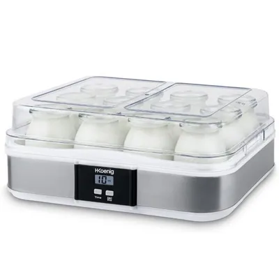 A yogurt maker filled with yogurt cups, shown from a slightly elevated front-left angle against a white background.