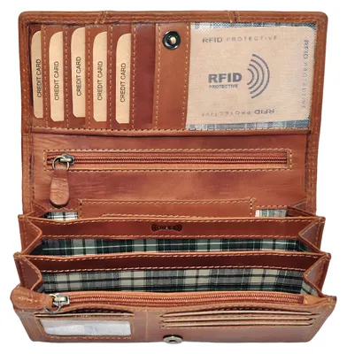 Produktbild von Benthill Portemonnaie Damen Leder - Hochwertige weiche Vintage EchtLeder Damen Geldbörse mit RFID Schutz - Grosse Damenbörse lang - Frauen Portmonee inkl. Geschenkbox
