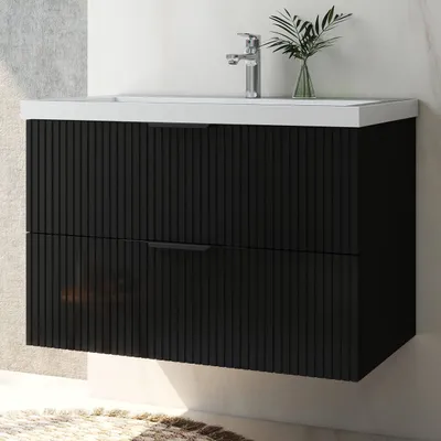 Produktbild von Waschtisch mit Unterschrank 80cm RIVA Badmöbel Set Hochglanz Schwarz Rechteckiges Waschbecken mit Unterschrank Softclose