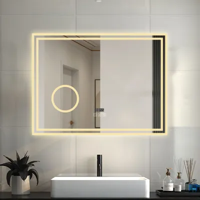 Produktbild von LED Badspiegel mit Uhr Bluetooth Warmweiß/Neutralweiß/Kaltweiß Dimmbar 80x60cm Beschlagfrei 3-Fach klares vergrößertes Speicherfunktion Badezimmer Spiegel mit Beleuchtung CE