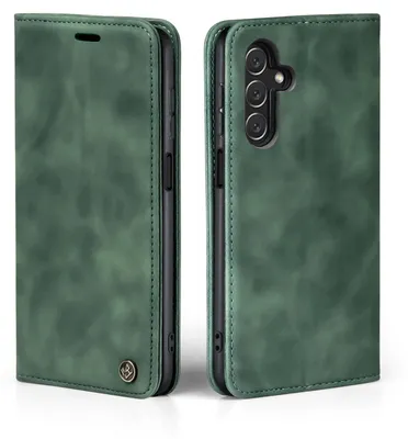 A green flip cover phone case is shown from two angles.