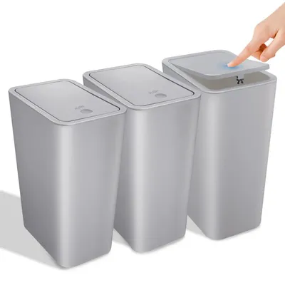Obrázok produktu pre Sada 3 kusov odpadkových košov do kúpeľne s vekom, objem 10 litrov, plast, sivá farba