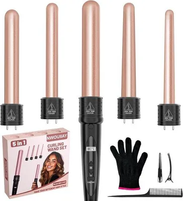 Productafbeelding van 5-in-1 Krultang | Keramische Coating Krultang voor Alle Haartypes, Snelle Verwarming, Interchangeable Opzetstukken met Hittehandschoen