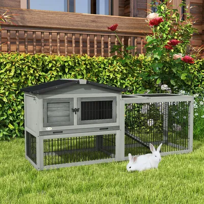 Produktbild von SUGIFT Kaninchenstall mit Auslauf, Kleintierstall 2 Etagen, Meerschweinchenstall aus Tannenholz, Grau | 150 x 52 x 68 cm | Teerpappendach | wetterfest