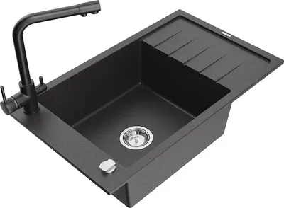 Produktbild von Mexen Elias 1 Becken-Granitspüle mit Abtropffläche und Mischbatterie Duero, Schwarz gesprenkelt - 6511-76-671600-70