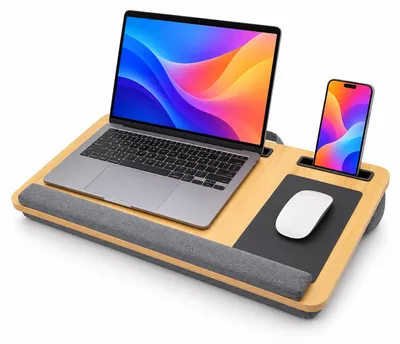 Produktbild von Relaxdays Laptopkissen mit Mauspad, BxT: 55 x 34 cm, Antirutsch-Streifen, Tragegriff, Kissentablett Bett & Sofa, natur, KI-generiertes Bild