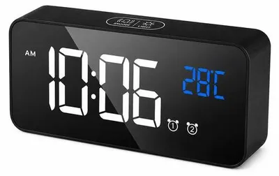 Image de VHV - Réveil numérique avec grand écran LED miroir - Double alarme, fonction snooze et 4 niveaux de luminosité - 10 sons d'alarme - Noir