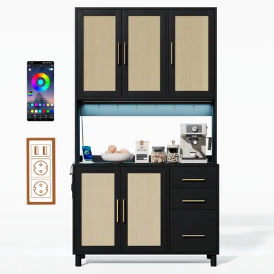 A black kitchen buffet cabinet with rattan accents and LED lighting, shown with a coffee maker and other kitchen items.