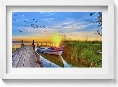 Produktbild von Blick auf den See und Sonnenuntergang– Wandbild mit Rahmen – Gerahmtes Bild  – Wanddekoration – 30x20 cm –  Weiß Rahmen