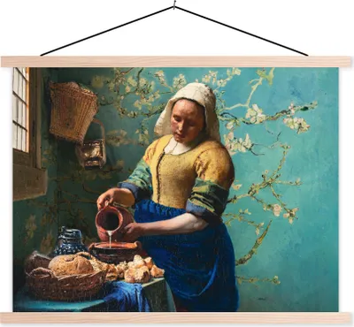 Produktbild von MuchoWow® Textilposter Milchmädchen - Mandelblüte - Van Gogh - Vermeer - Gemälde - Alte Meister 40x30 cm mit holzfarbenen Rahmen - Bilder
