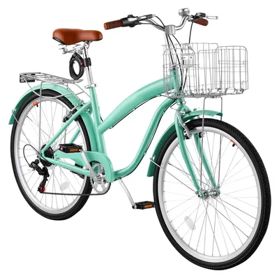 Immagine prodotto di Bicicletta da città da donna SucceBuy, modello cruiser da 26 pollici, con 7 velocità, color verde scuro, ideale per il pendolarismo, per fare la spesa e per gite al mare, dotata di sella inPoliuretanoregolabile, freni a V, portapacchi da 50 kg e un pratico kit di attrezzi