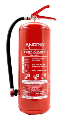Produktbild von 12kg ABC Pulver Feuerlöscher mit Manometer, orig. ANDRIS®, der Leistungsstarke mit 15LE ideal für Gewerbe, inkl. Wandhalterung