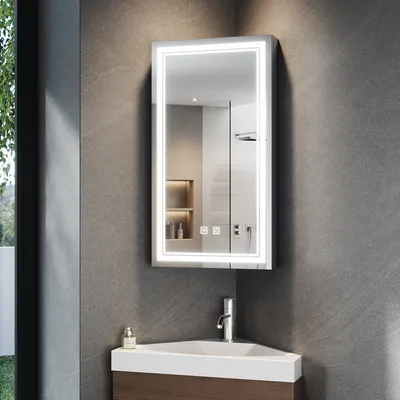 Obrázek produktu pro Jednodveřová rohová zrcadlová skříňka SONNI 38,5x70x16 cm s dvojitým dotykovým spínačem Nastavitelná světlá a tmavá Tři barevné teploty s funkcí proti zamlžení