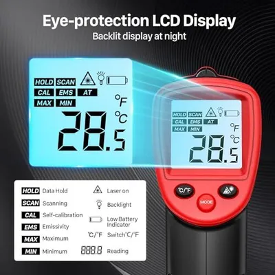 Produktbild von Eventek Laser -Infrarot -Thermometer, -50 +550 ° C, IR -Pyrometer, Temperaturmesser, digitales Nichtkontaktmesser, LCD -Beleuchtung, Schwarz/Rot