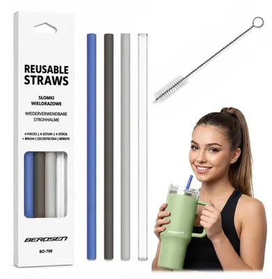 Produktbild von 4er-Set wiederverwendbare Plastikstrohhalme mit Reinigungsbürste