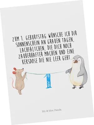 Produktbild von Mr. & Mrs. Panda Postkarte 1. Geburtstag Maus Pinguin - Weiß - Geschenk, Fotokarte, Grußkarte, bildkarte, Torte, Ansichtskarte, Kuchen, Postkarten, Happy Birthday